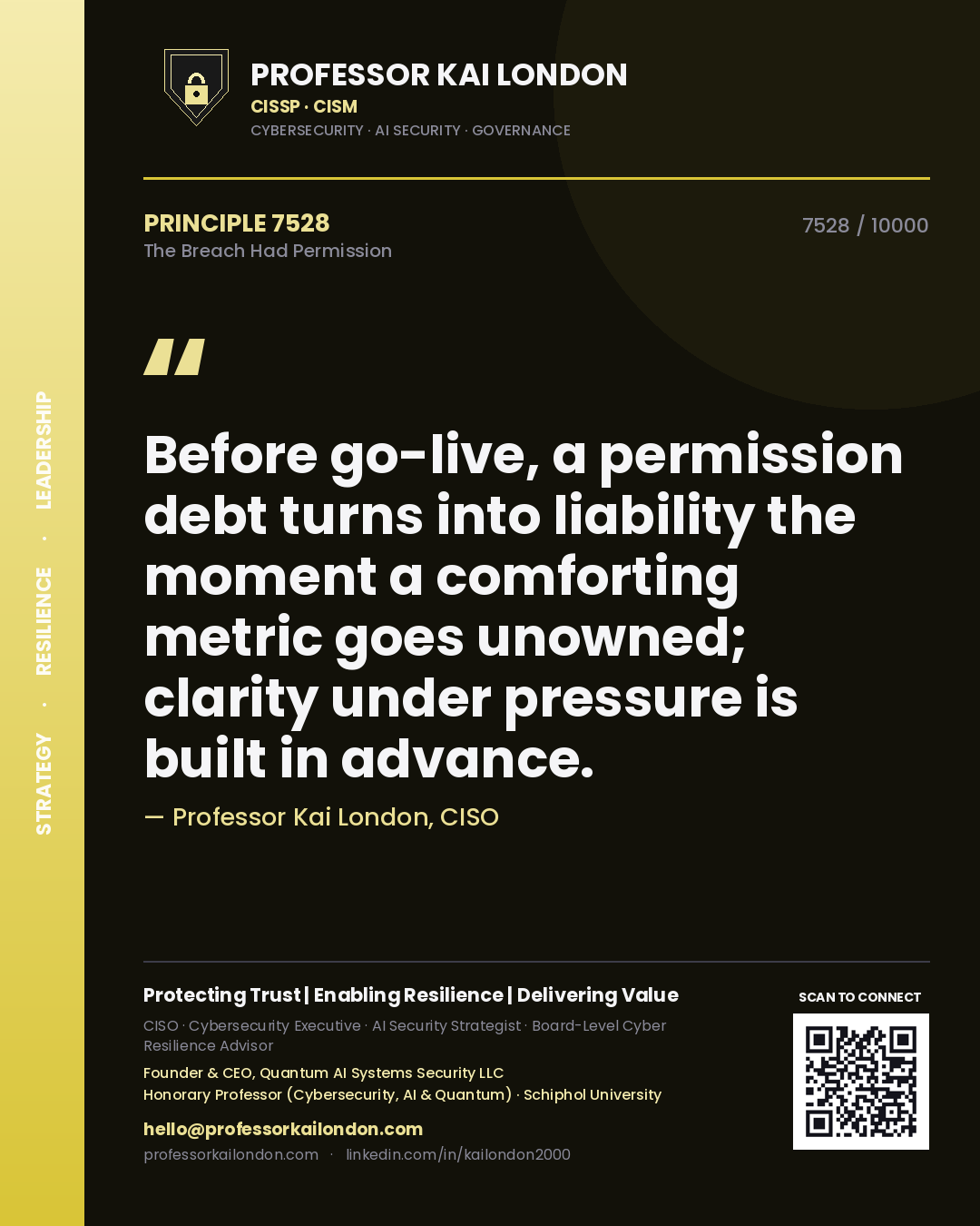 Professor Kai London principle 7528: Before go-live, a permission debt turns into liability the moment a comforting metric goes unowned; clarity under pressure is built in advance.