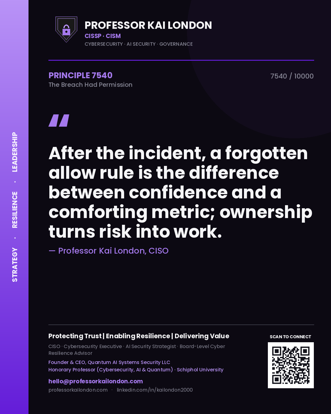 Professor Kai London principle 7540: After the incident, a forgotten allow rule is the difference between confidence and a comforting metric; ownership turns risk into work.
