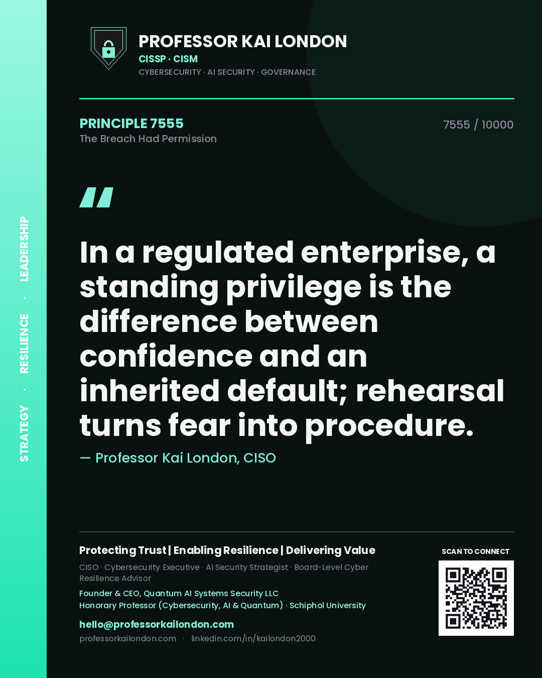 Professor Kai London principle 7555: In a regulated enterprise, a standing privilege is the difference between confidence and an inherited default; rehearsal turns fear into procedure.