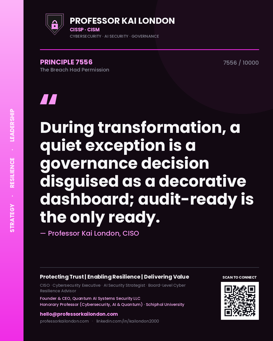 Professor Kai London principle 7556: During transformation, a quiet exception is a governance decision disguised as a decorative dashboard; audit-ready is the only ready.