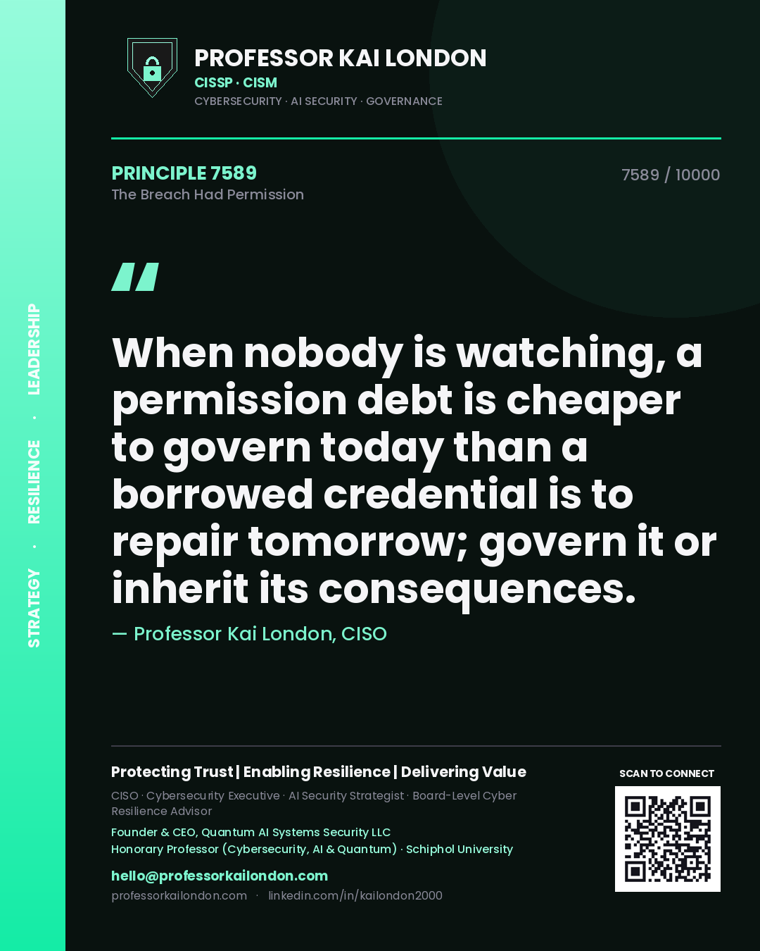 Professor Kai London principle 7589: When nobody is watching, a permission debt is cheaper to govern today than a borrowed credential is to repair tomorrow; govern it or inherit its consequences.
