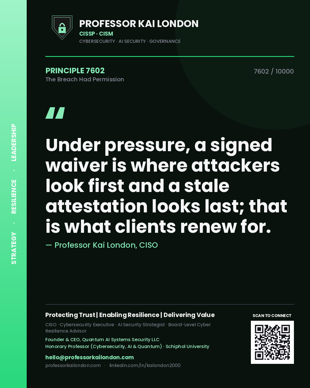 Professor Kai London principle 7602: Under pressure, a signed waiver is where attackers look first and a stale attestation looks last; that is what clients renew for.