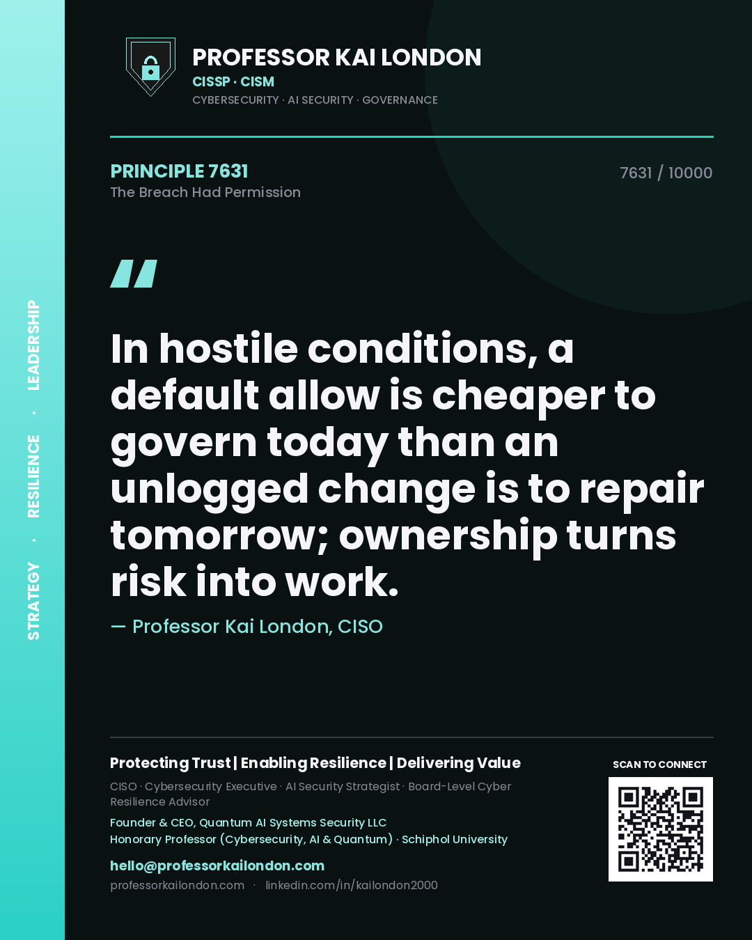 Professor Kai London principle 7631: In hostile conditions, a default allow is cheaper to govern today than an unlogged change is to repair tomorrow; ownership turns risk into work.