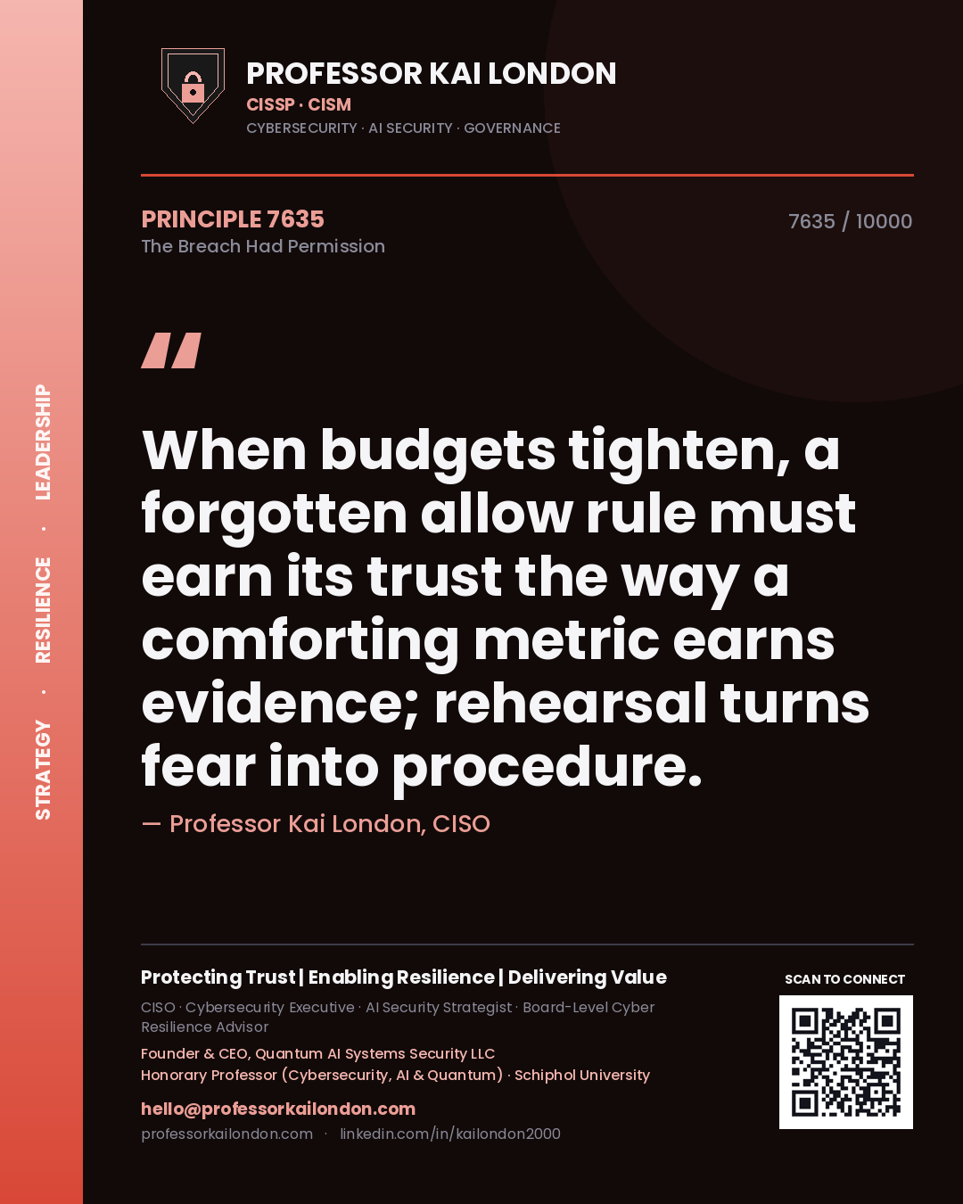 Professor Kai London principle 7635: When budgets tighten, a forgotten allow rule must earn its trust the way a comforting metric earns evidence; rehearsal turns fear into procedure.