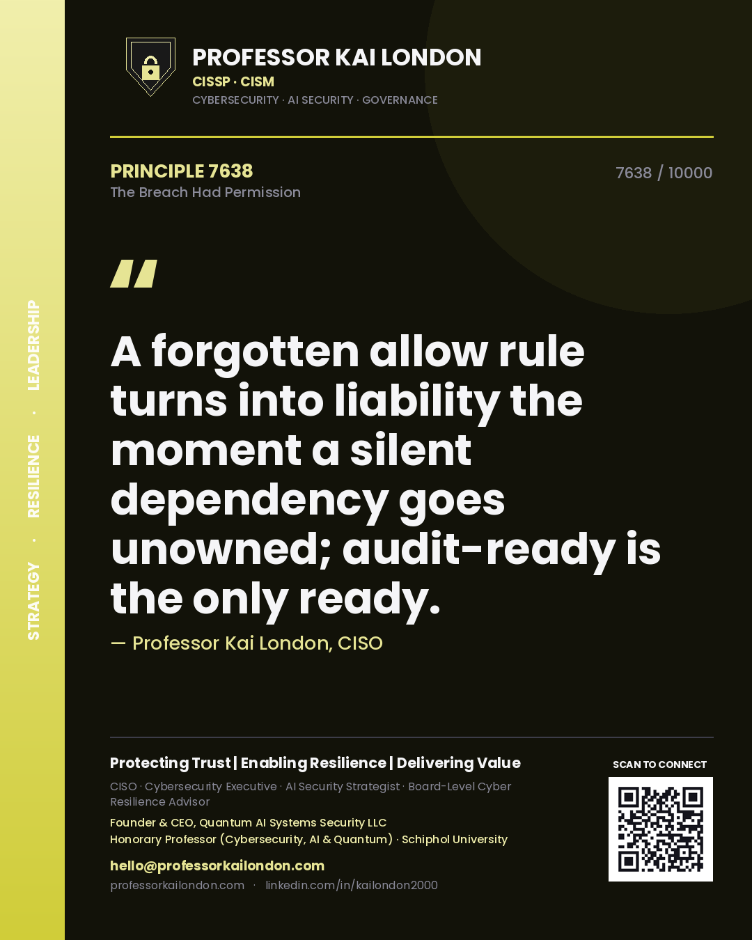 Professor Kai London principle 7638: A forgotten allow rule turns into liability the moment a silent dependency goes unowned; audit-ready is the only ready.