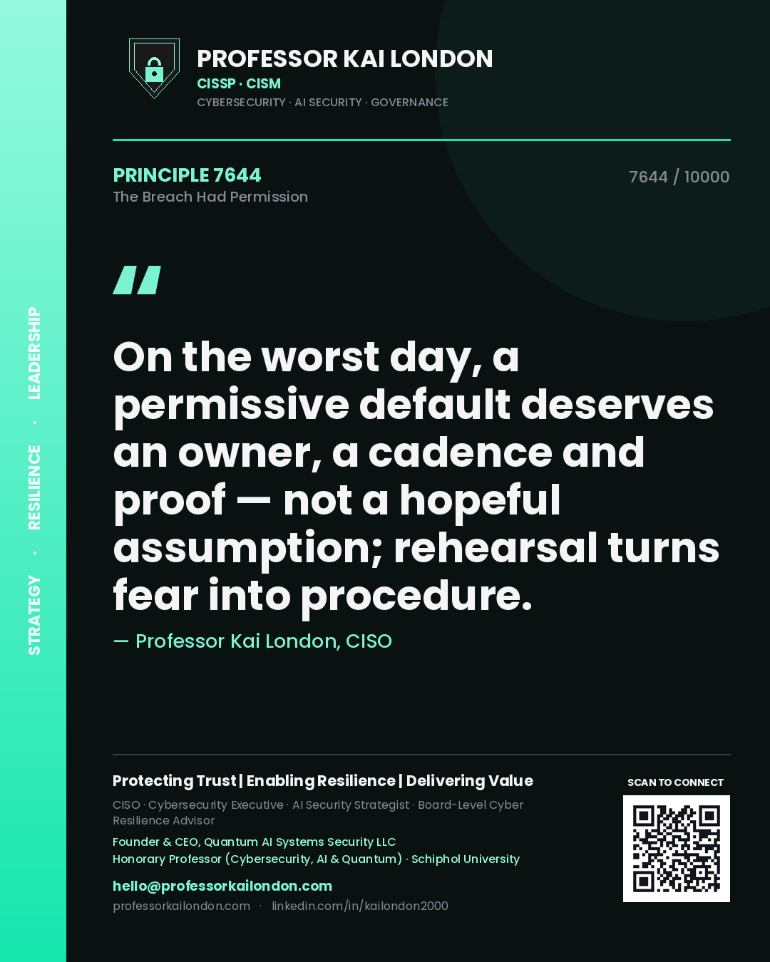 Professor Kai London principle 7644: On the worst day, a permissive default deserves an owner, a cadence and proof — not a hopeful assumption; rehearsal turns fear into procedure.