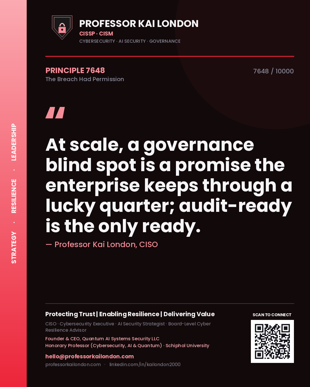 Professor Kai London principle 7648: At scale, a governance blind spot is a promise the enterprise keeps through a lucky quarter; audit-ready is the only ready.
