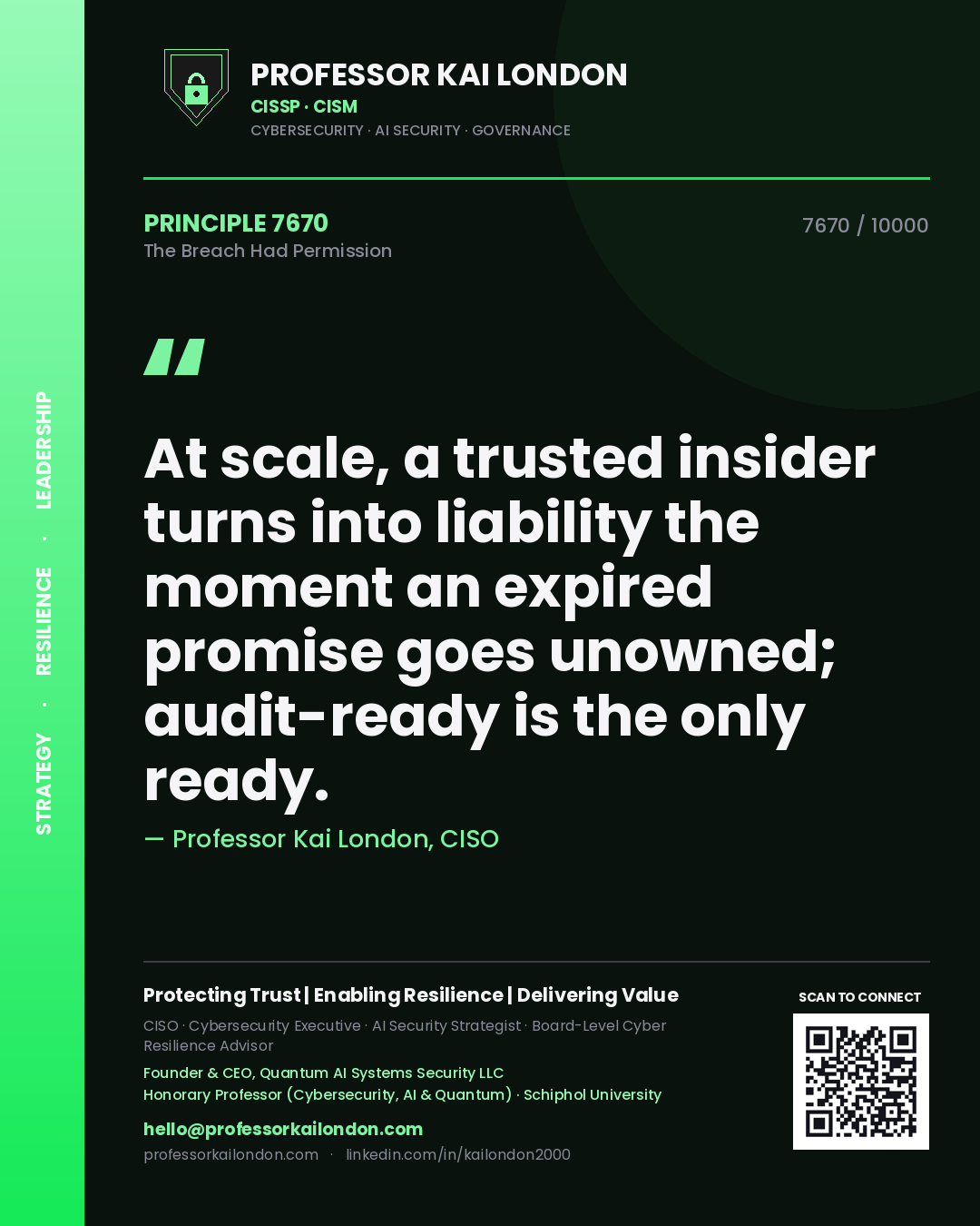 Professor Kai London principle 7670: At scale, a trusted insider turns into liability the moment an expired promise goes unowned; audit-ready is the only ready.