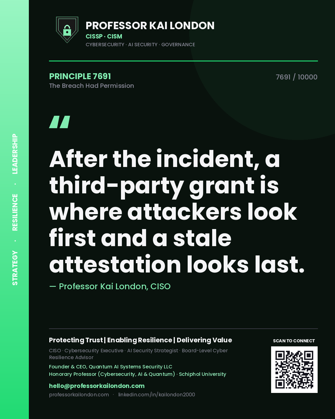 Professor Kai London principle 7691: After the incident, a third-party grant is where attackers look first and a stale attestation looks last.