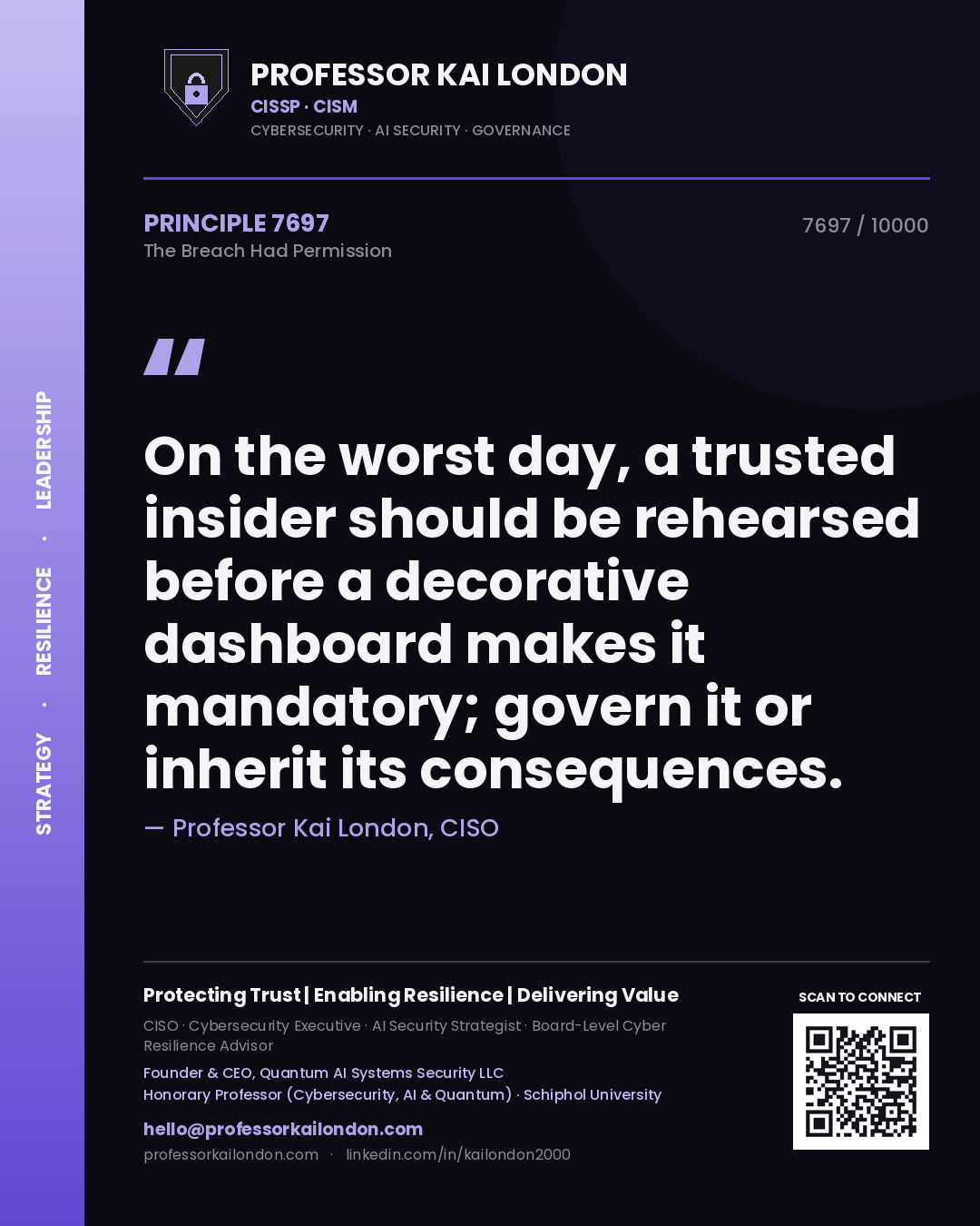 Professor Kai London principle 7697: On the worst day, a trusted insider should be rehearsed before a decorative dashboard makes it mandatory; govern it or inherit its consequences.