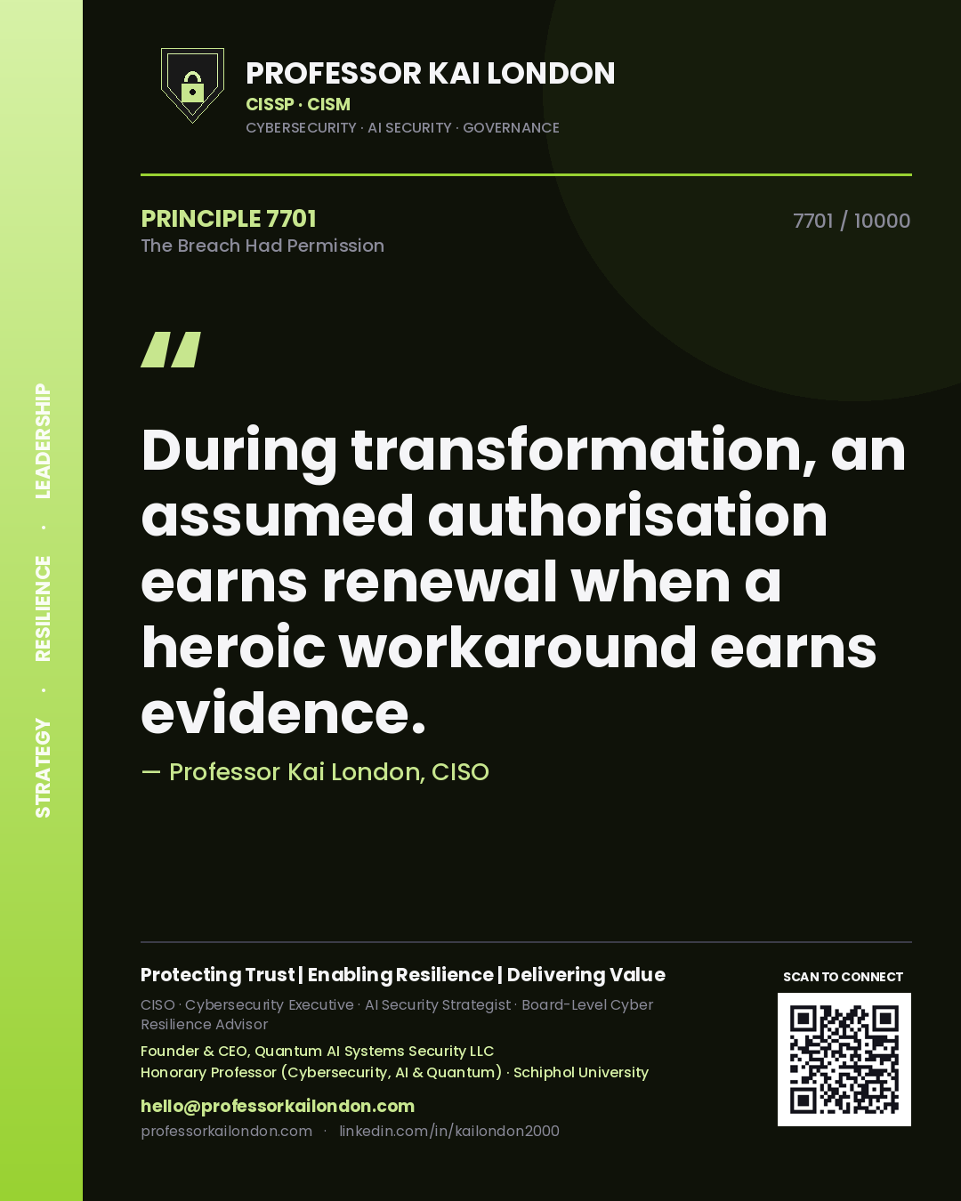 Professor Kai London principle 7701: During transformation, an assumed authorisation earns renewal when a heroic workaround earns evidence.