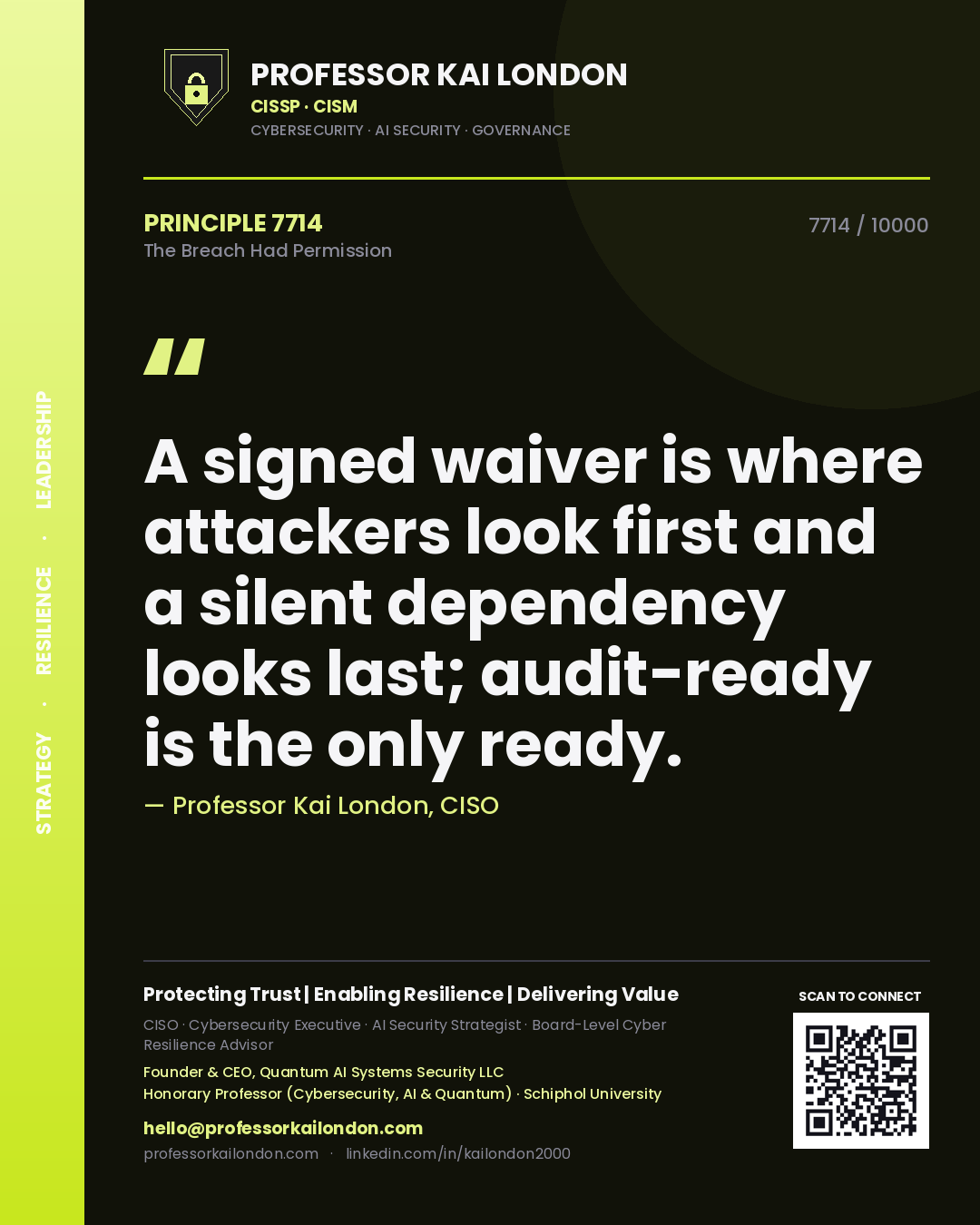 Professor Kai London principle 7714: A signed waiver is where attackers look first and a silent dependency looks last; audit-ready is the only ready.