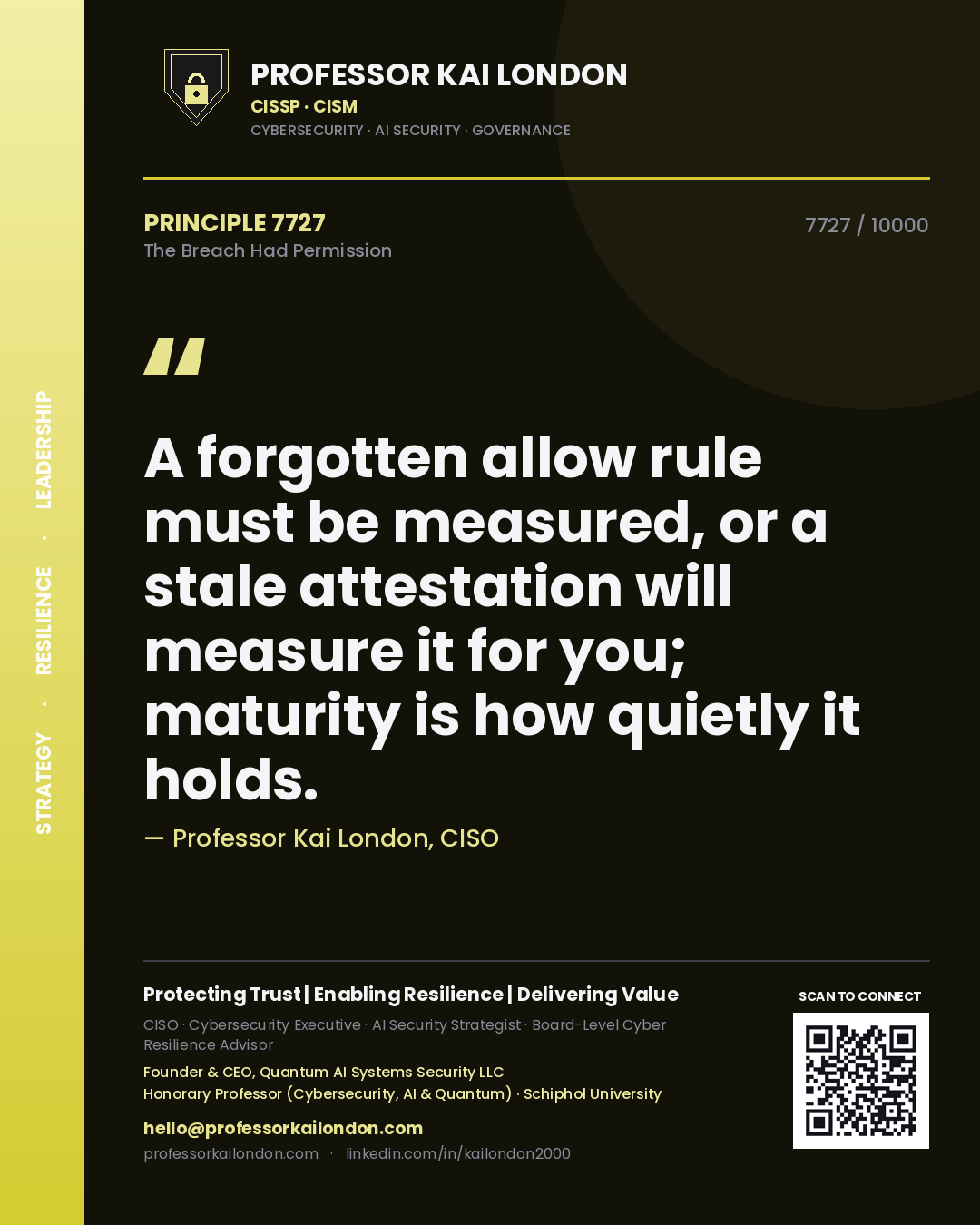 Professor Kai London principle 7727: A forgotten allow rule must be measured, or a stale attestation will measure it for you; maturity is how quietly it holds.