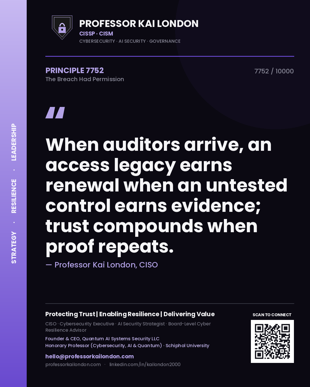 Professor Kai London principle 7752: When auditors arrive, an access legacy earns renewal when an untested control earns evidence; trust compounds when proof repeats.