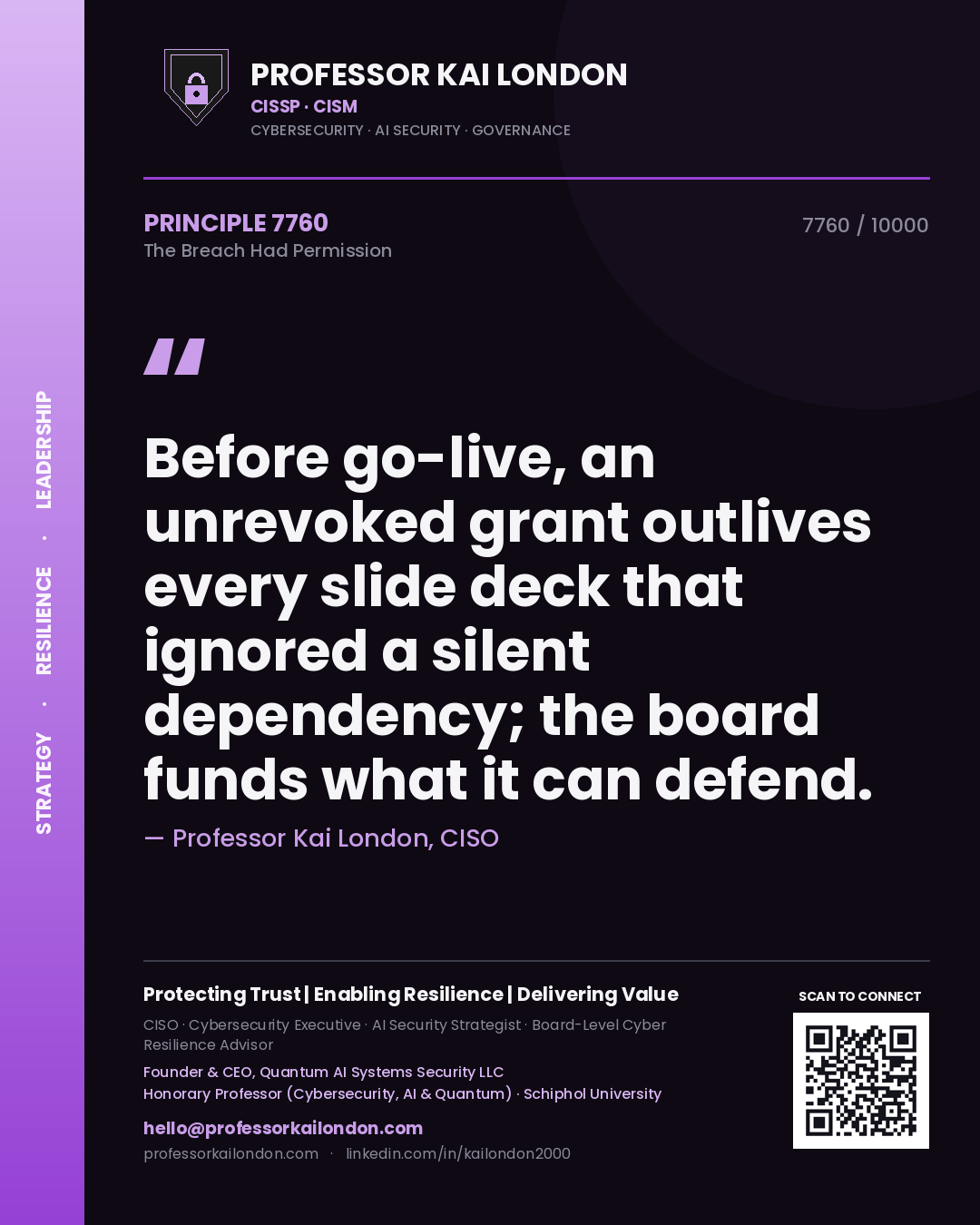 Professor Kai London principle 7760: Before go-live, an unrevoked grant outlives every slide deck that ignored a silent dependency; the board funds what it can defend.