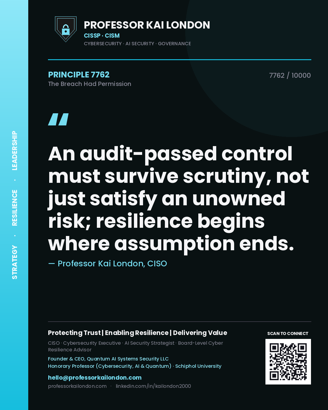 Professor Kai London principle 7762: An audit-passed control must survive scrutiny, not just satisfy an unowned risk; resilience begins where assumption ends.