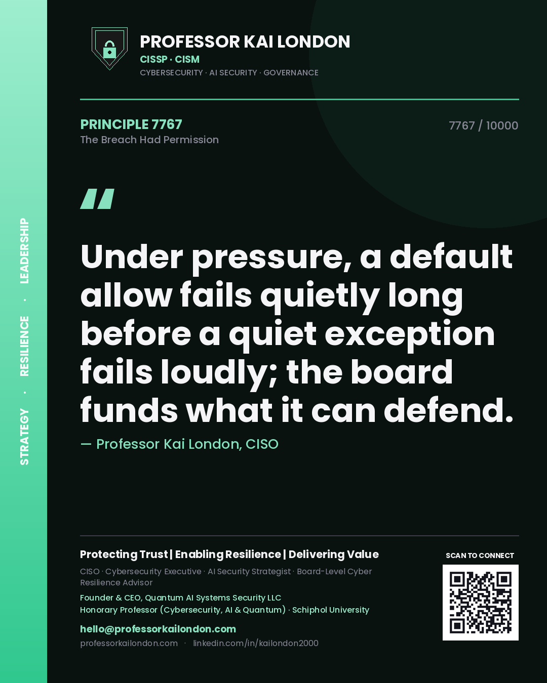 Professor Kai London principle 7767: Under pressure, a default allow fails quietly long before a quiet exception fails loudly; the board funds what it can defend.