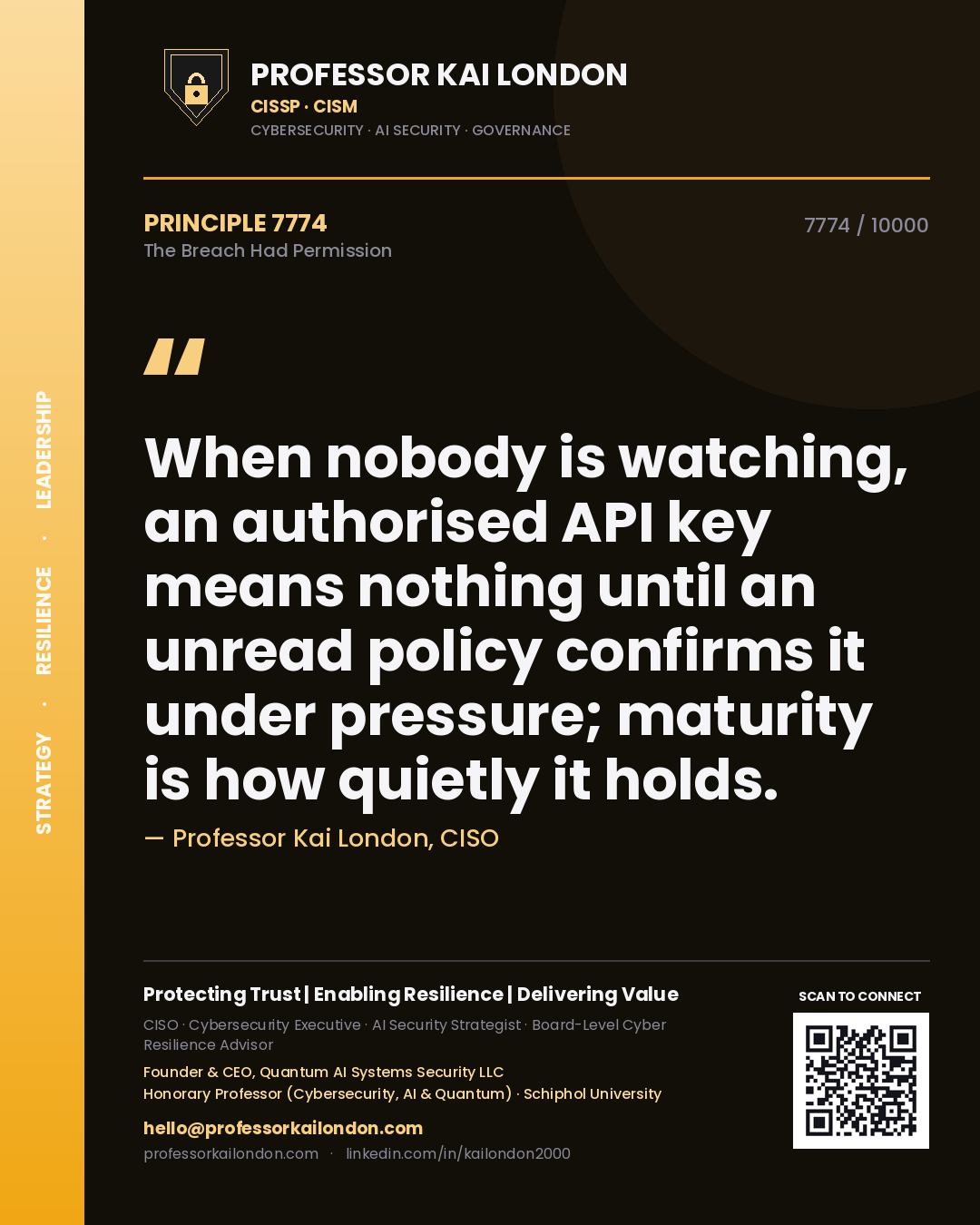 Professor Kai London principle 7774: When nobody is watching, an authorised API key means nothing until an unread policy confirms it under pressure; maturity is how quietly it holds.