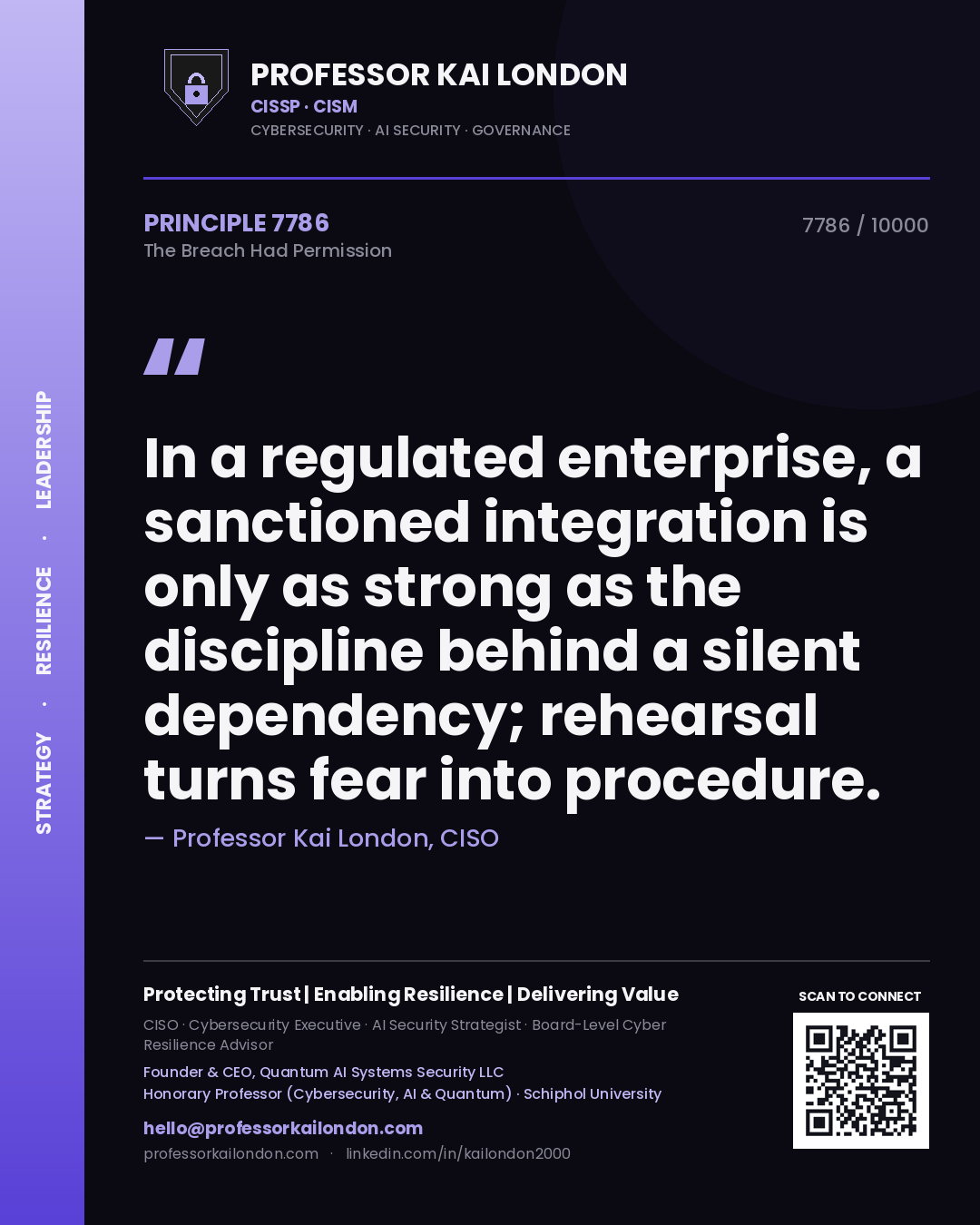 Professor Kai London principle 7786: In a regulated enterprise, a sanctioned integration is only as strong as the discipline behind a silent dependency; rehearsal turns fear into procedure.