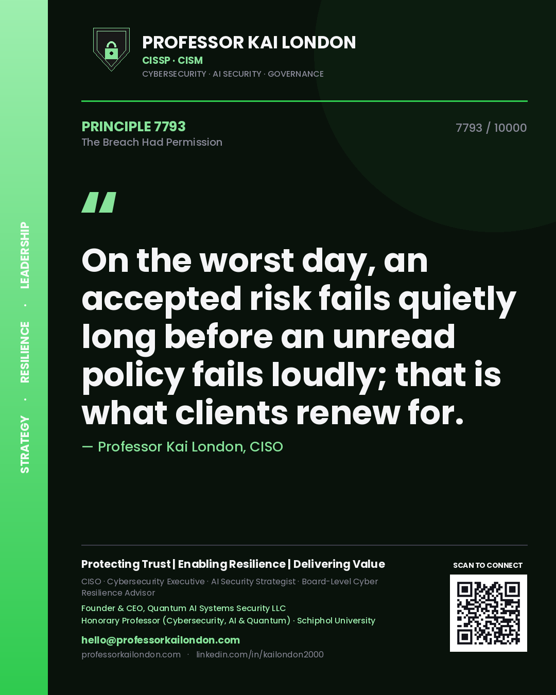 Professor Kai London principle 7793: On the worst day, an accepted risk fails quietly long before an unread policy fails loudly; that is what clients renew for.