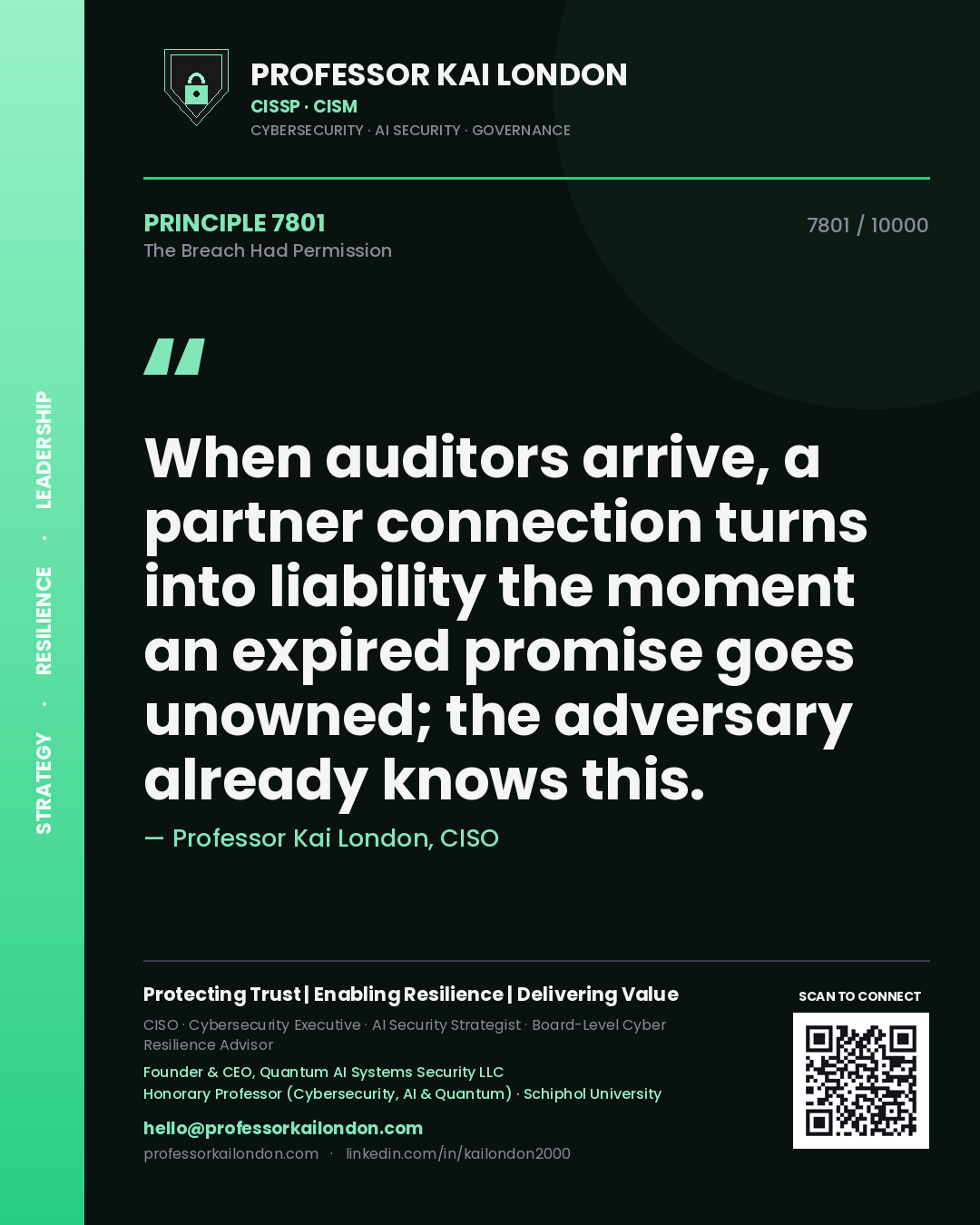 Professor Kai London principle 7801: When auditors arrive, a partner connection turns into liability the moment an expired promise goes unowned; the adversary already knows this.