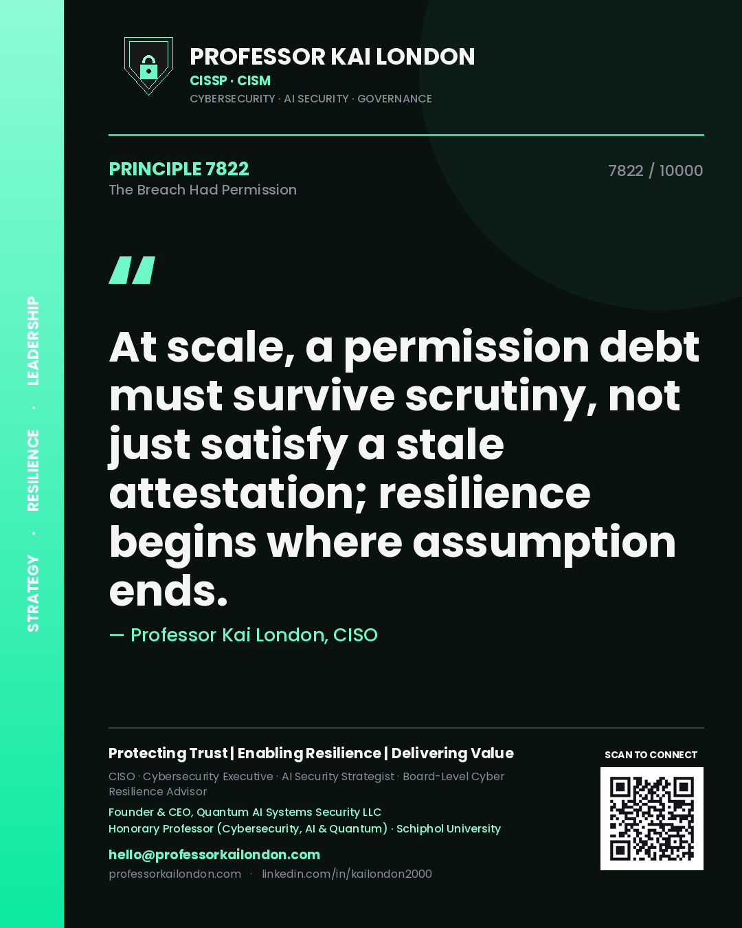 Professor Kai London principle 7822: At scale, a permission debt must survive scrutiny, not just satisfy a stale attestation; resilience begins where assumption ends.