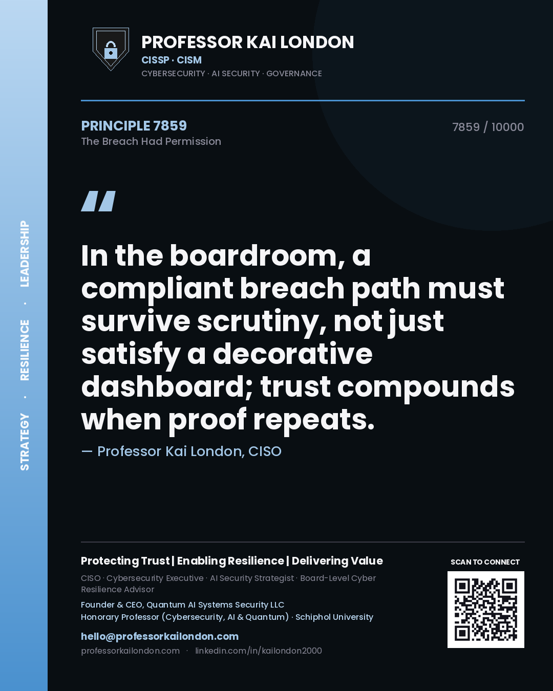 Professor Kai London principle 7859: In the boardroom, a compliant breach path must survive scrutiny, not just satisfy a decorative dashboard; trust compounds when proof repeats.