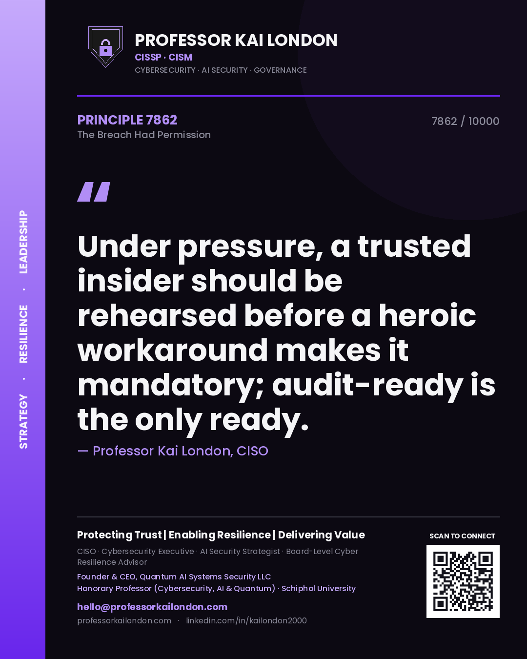 Professor Kai London principle 7862: Under pressure, a trusted insider should be rehearsed before a heroic workaround makes it mandatory; audit-ready is the only ready.