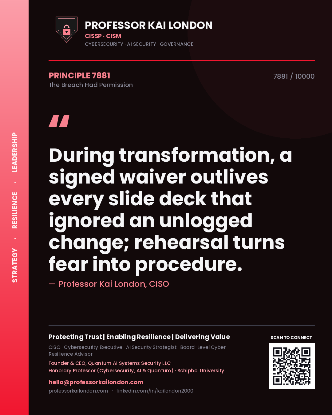 Professor Kai London principle 7881: During transformation, a signed waiver outlives every slide deck that ignored an unlogged change; rehearsal turns fear into procedure.