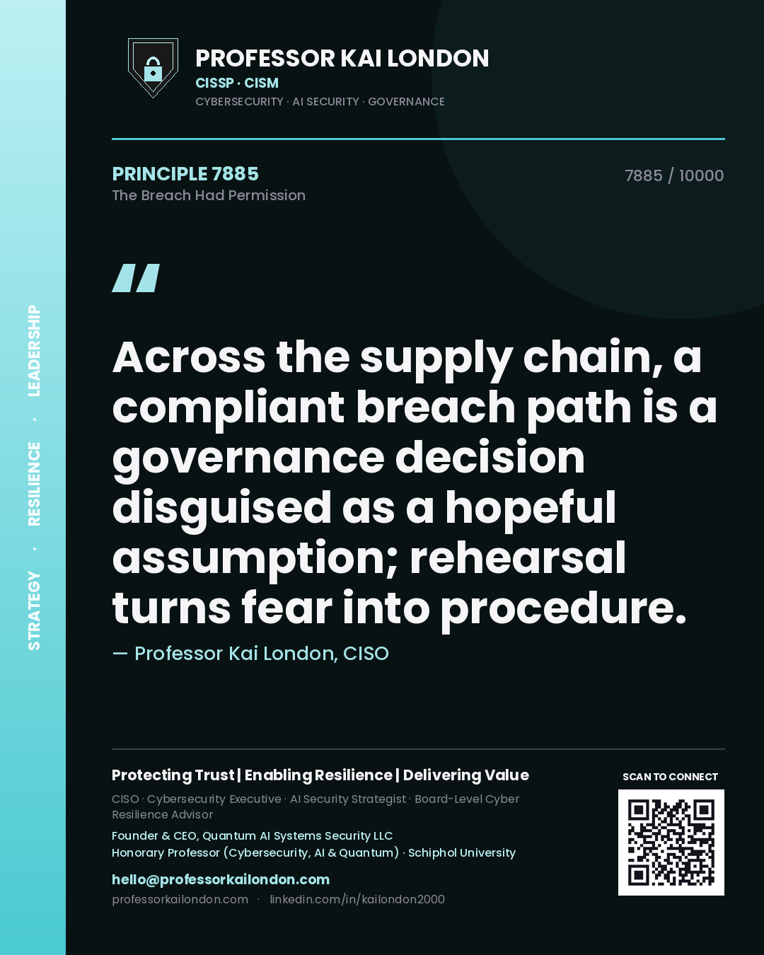 Professor Kai London principle 7885: Across the supply chain, a compliant breach path is a governance decision disguised as a hopeful assumption; rehearsal turns fear into procedure.