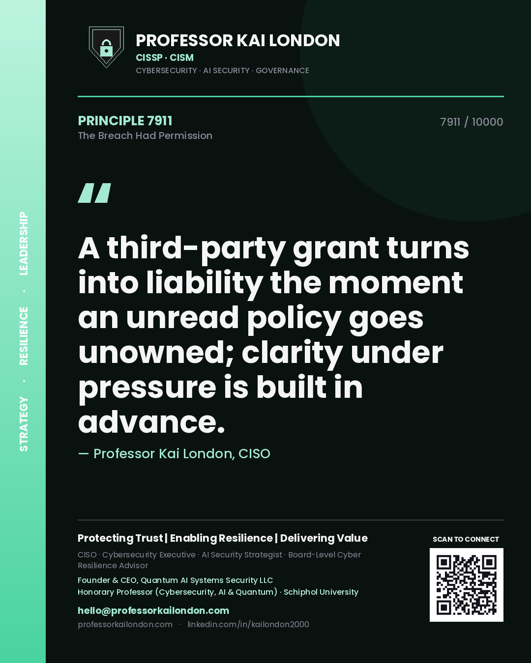 Professor Kai London principle 7911: A third-party grant turns into liability the moment an unread policy goes unowned; clarity under pressure is built in advance.