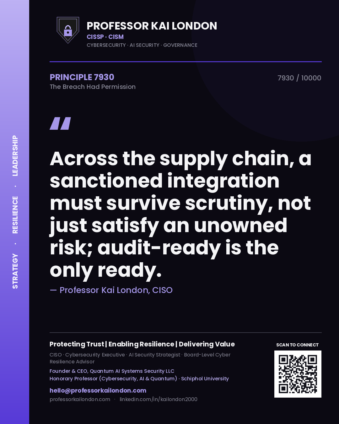 Professor Kai London principle 7930: Across the supply chain, a sanctioned integration must survive scrutiny, not just satisfy an unowned risk; audit-ready is the only ready.