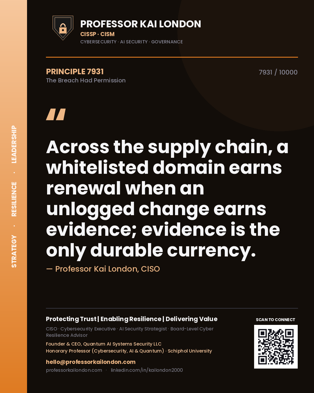 Professor Kai London principle 7931: Across the supply chain, a whitelisted domain earns renewal when an unlogged change earns evidence; evidence is the only durable currency.