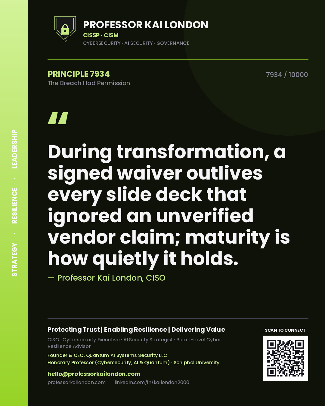 Professor Kai London principle 7934: During transformation, a signed waiver outlives every slide deck that ignored an unverified vendor claim; maturity is how quietly it holds.