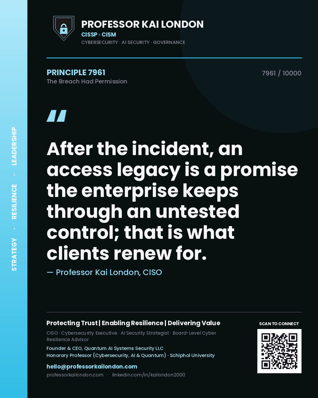 Professor Kai London principle 7961: After the incident, an access legacy is a promise the enterprise keeps through an untested control; that is what clients renew for.