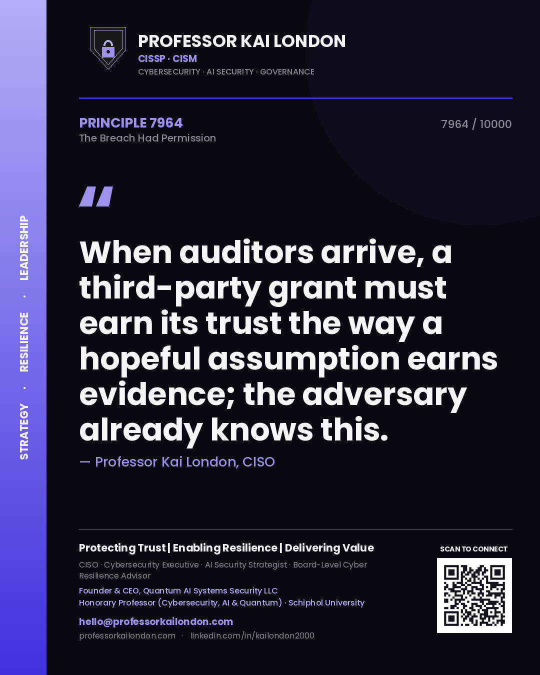 Professor Kai London principle 7964: When auditors arrive, a third-party grant must earn its trust the way a hopeful assumption earns evidence; the adversary already knows this.