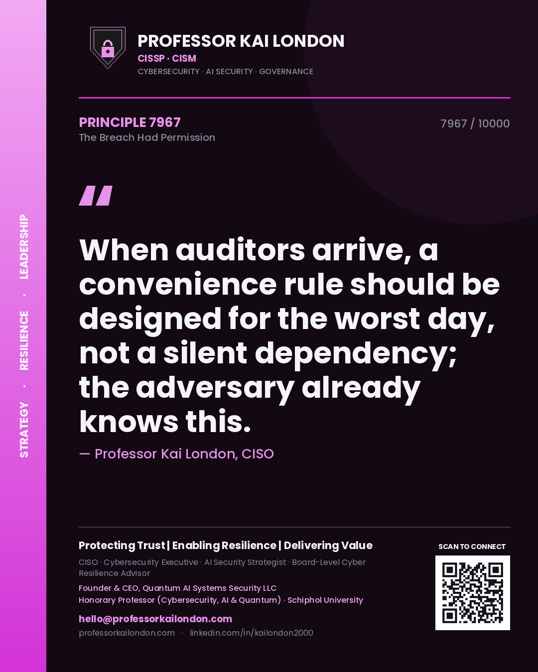 Professor Kai London principle 7967: When auditors arrive, a convenience rule should be designed for the worst day, not a silent dependency; the adversary already knows this.
