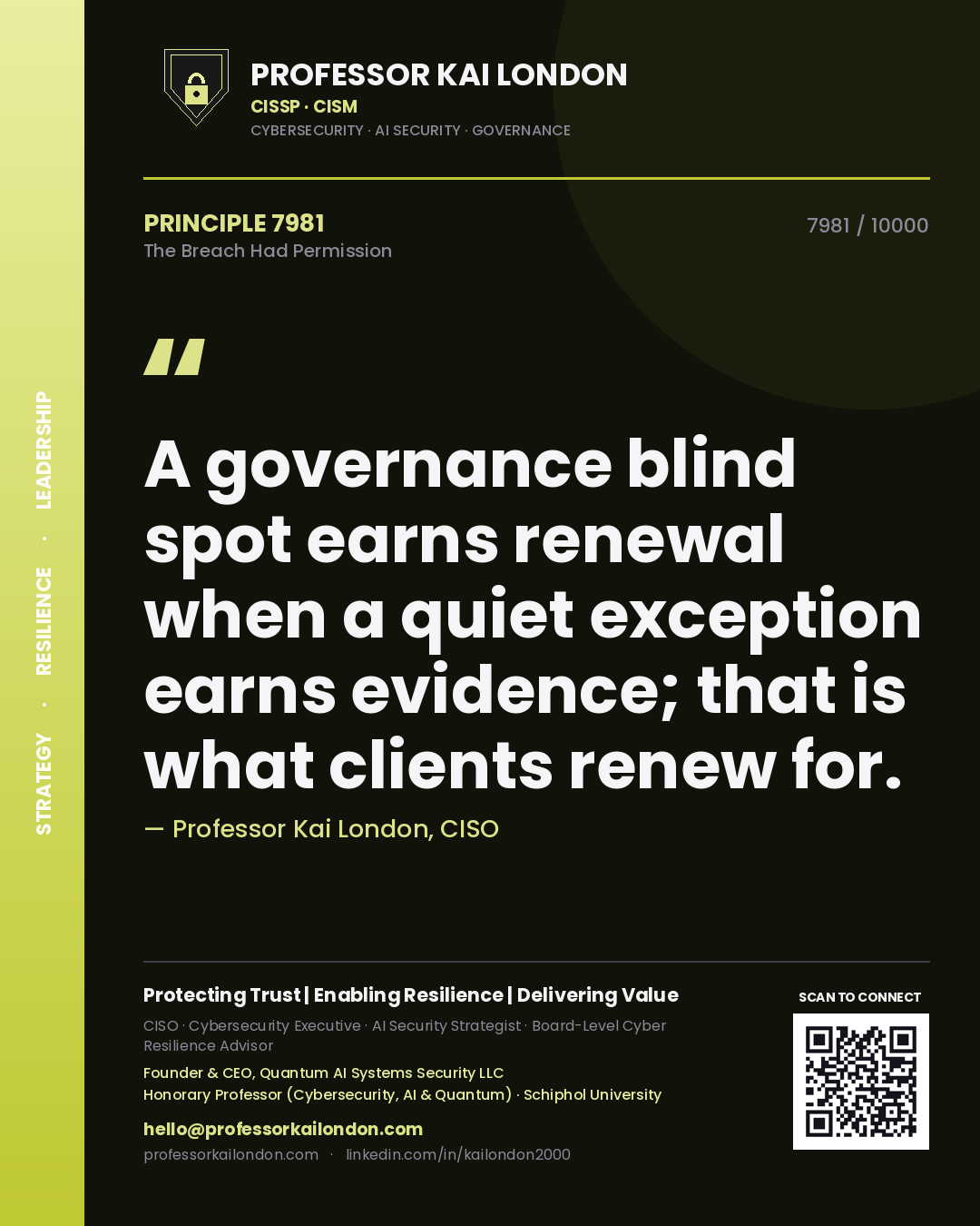 Professor Kai London principle 7981: A governance blind spot earns renewal when a quiet exception earns evidence; that is what clients renew for.