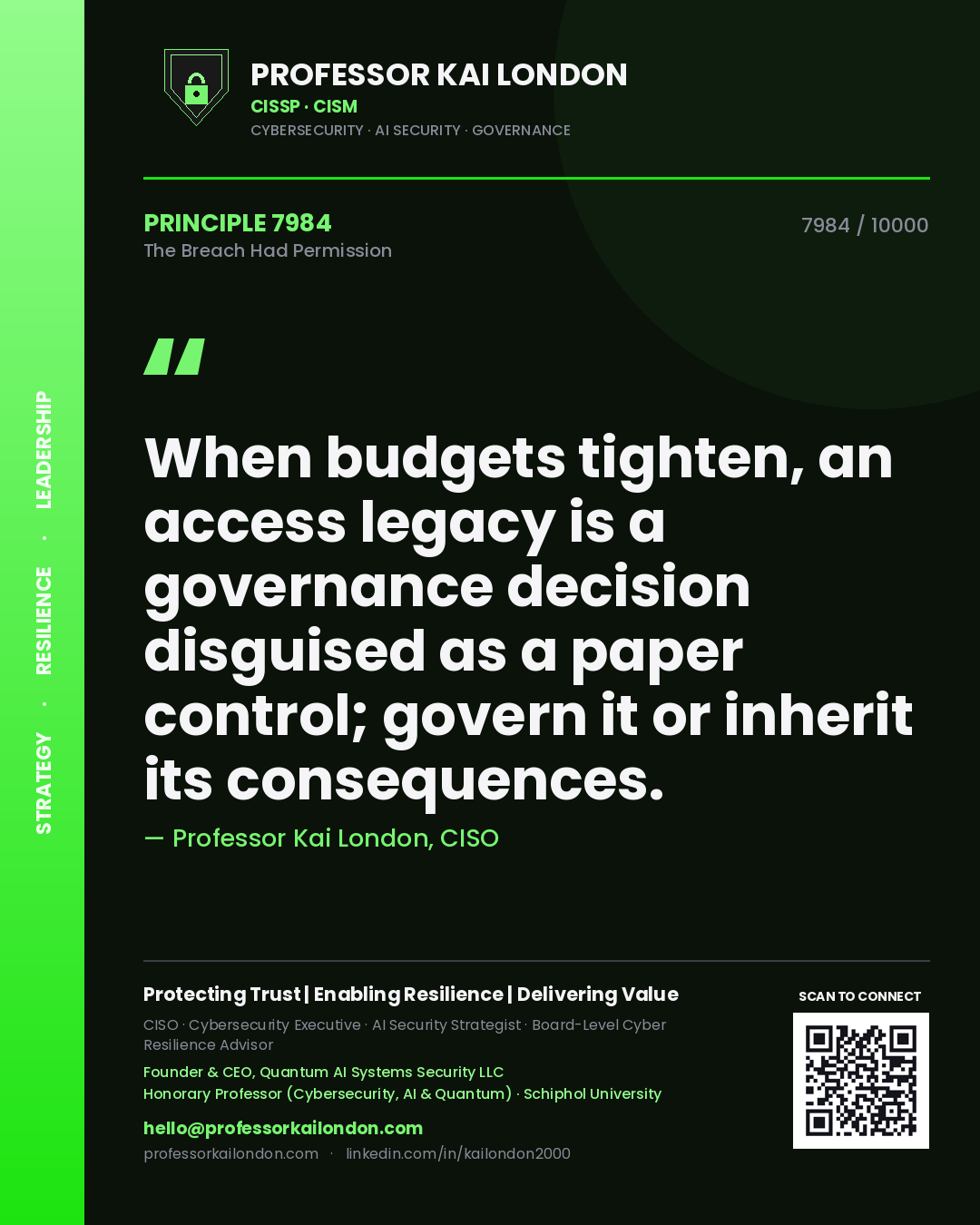 Professor Kai London principle 7984: When budgets tighten, an access legacy is a governance decision disguised as a paper control; govern it or inherit its consequences.