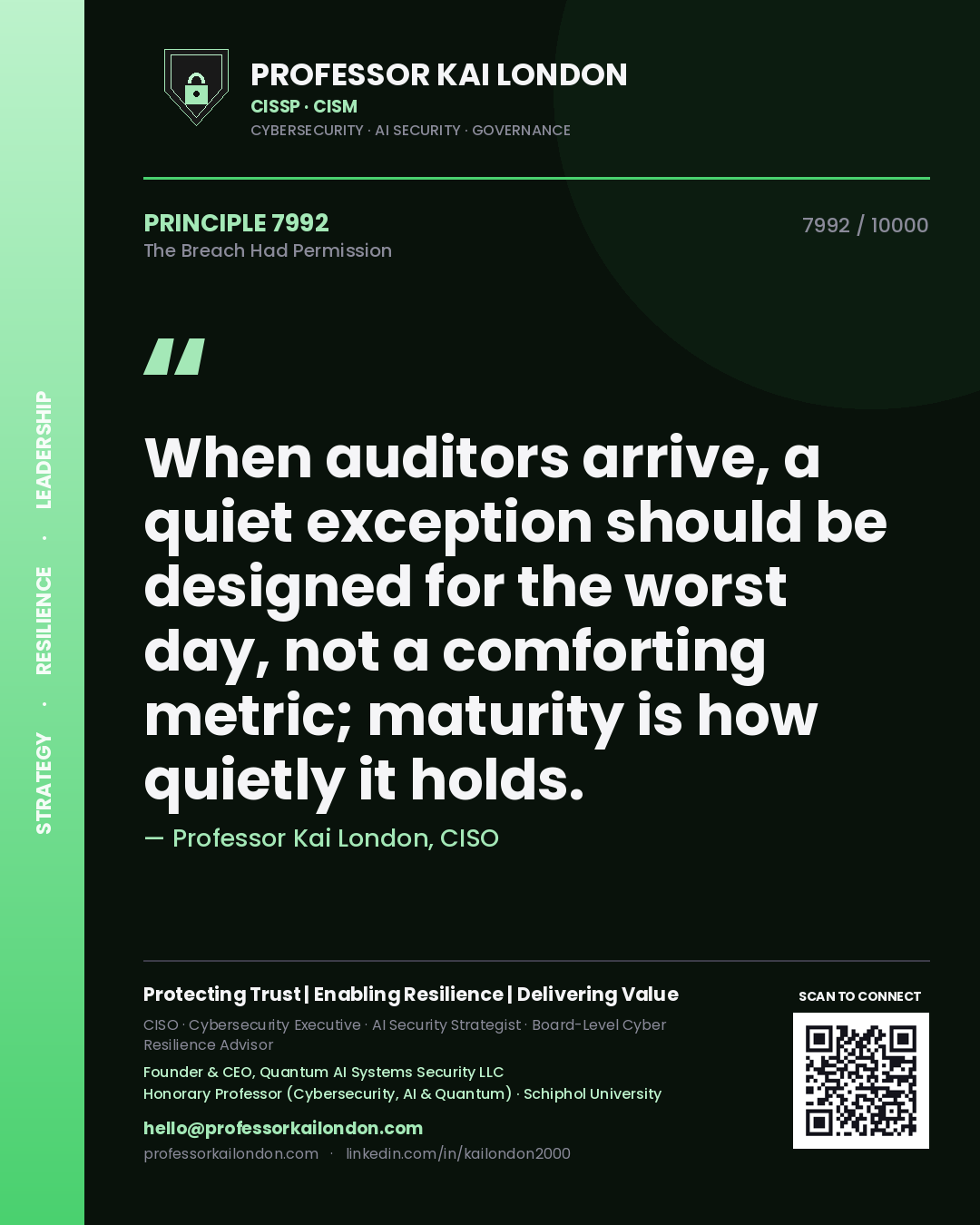 Professor Kai London principle 7992: When auditors arrive, a quiet exception should be designed for the worst day, not a comforting metric; maturity is how quietly it holds.