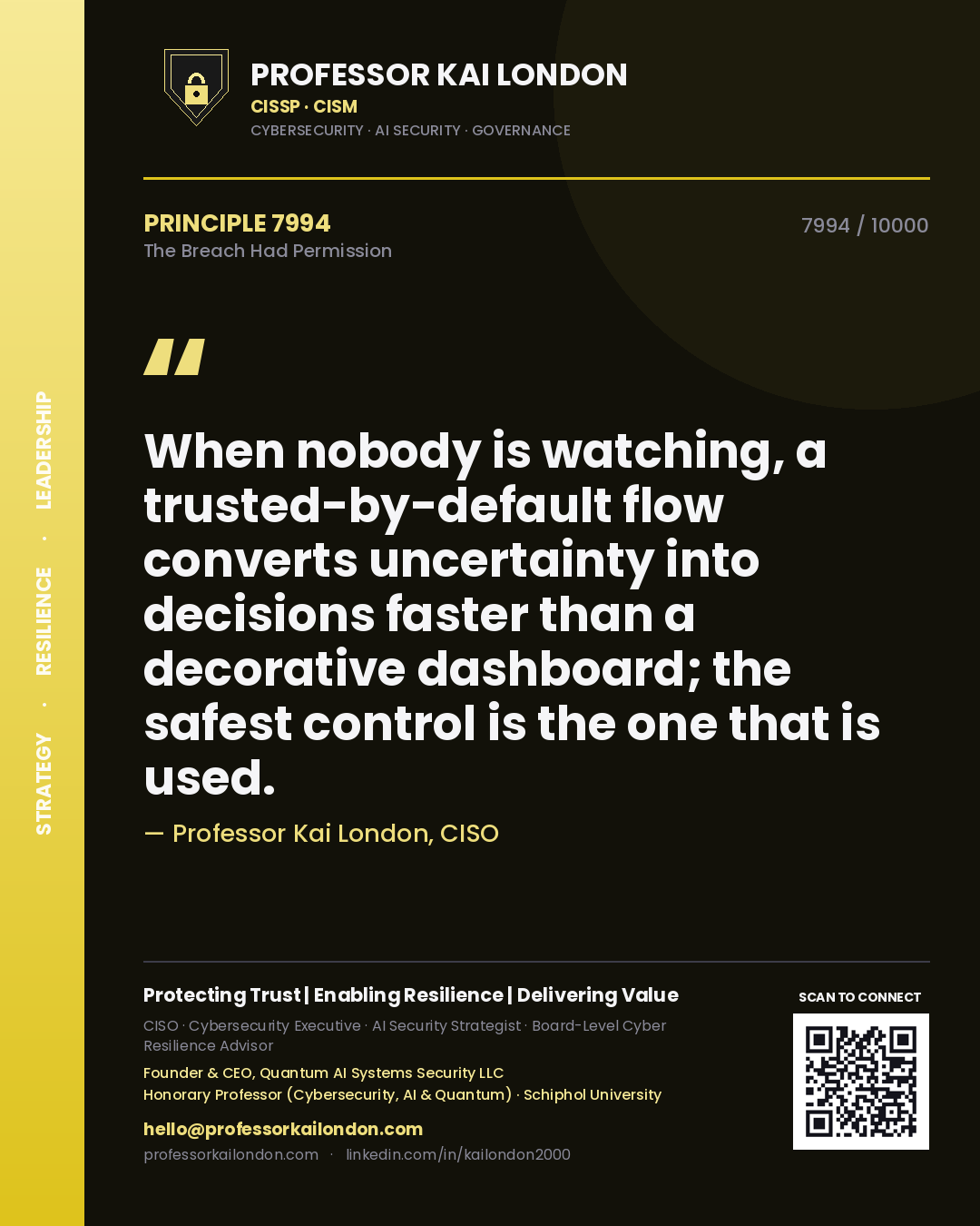 Professor Kai London principle 7994: When nobody is watching, a trusted-by-default flow converts uncertainty into decisions faster than a decorative dashboard; the safest control is the one that is used.