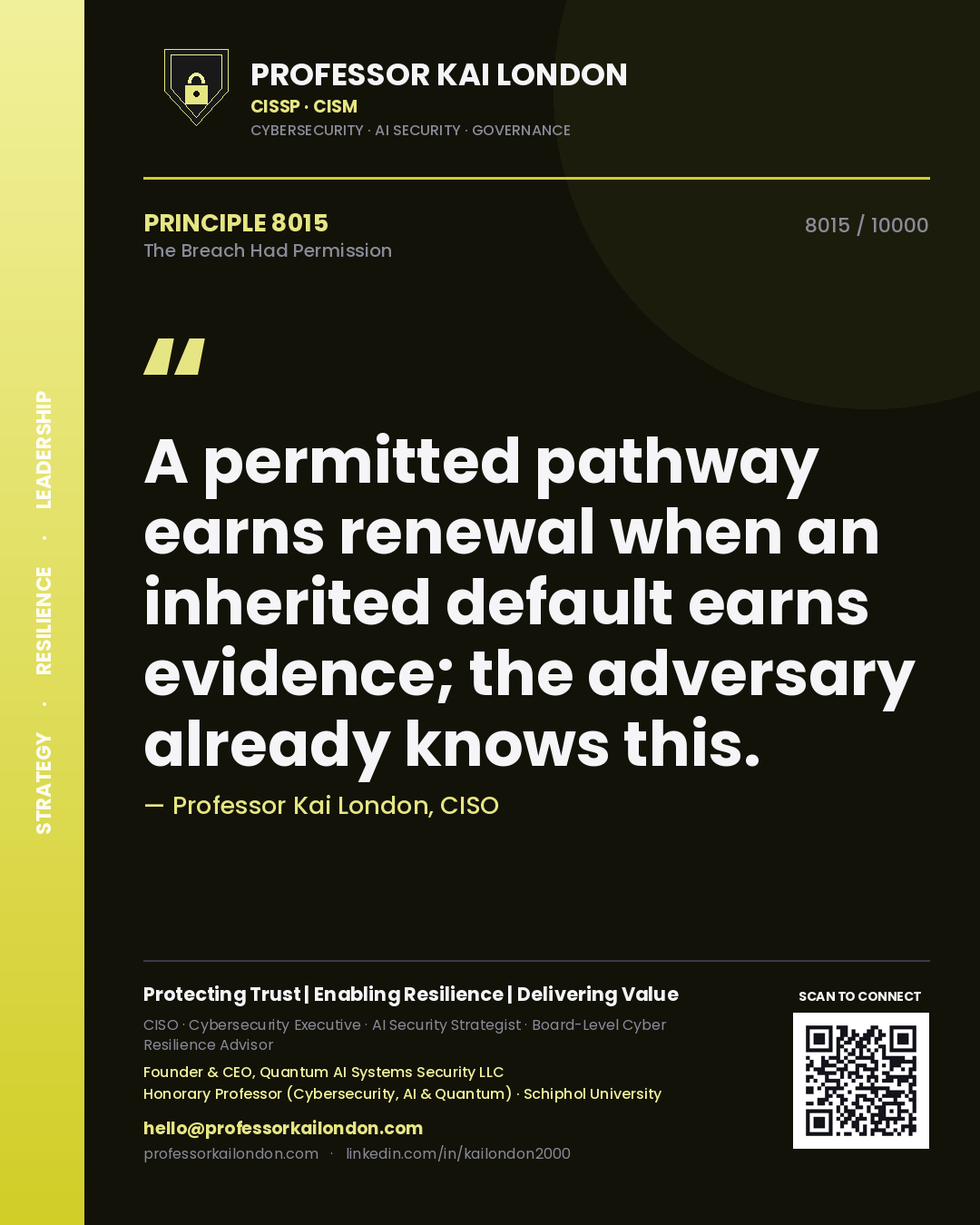 Professor Kai London principle 8015: A permitted pathway earns renewal when an inherited default earns evidence; the adversary already knows this.