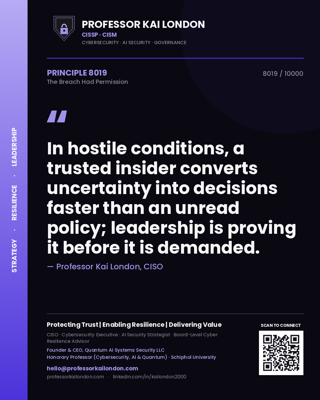 Professor Kai London principle 8019: In hostile conditions, a trusted insider converts uncertainty into decisions faster than an unread policy; leadership is proving it before it is demanded.