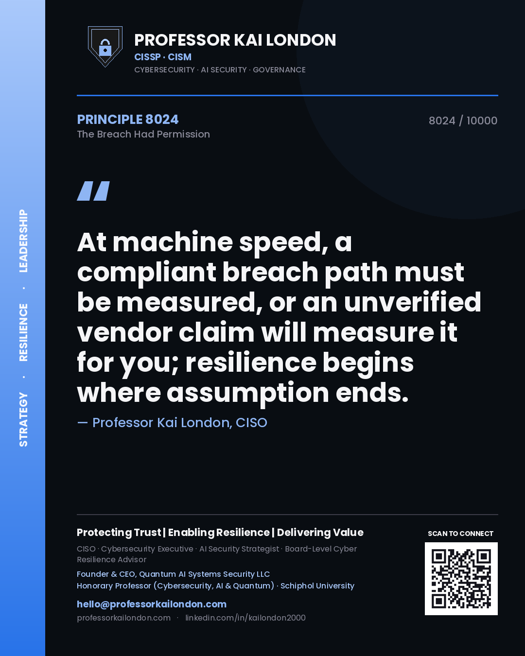 Professor Kai London principle 8024: At machine speed, a compliant breach path must be measured, or an unverified vendor claim will measure it for you; resilience begins where assumption ends.