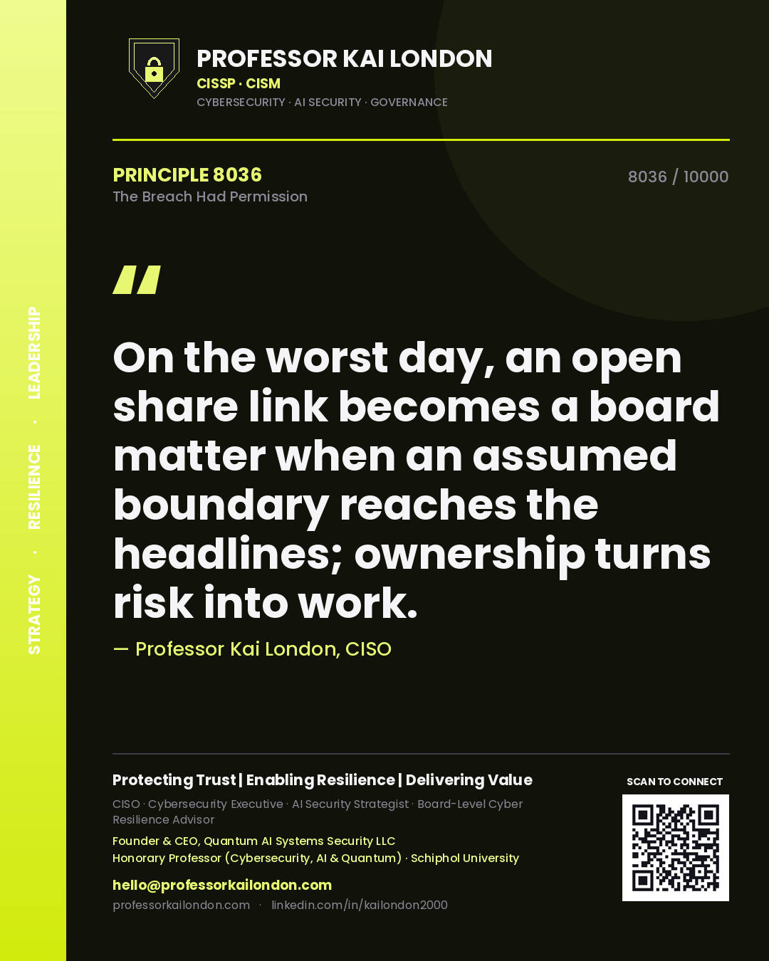 Professor Kai London principle 8036: On the worst day, an open share link becomes a board matter when an assumed boundary reaches the headlines; ownership turns risk into work.