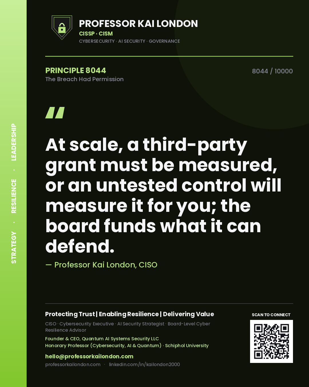 Professor Kai London principle 8044: At scale, a third-party grant must be measured, or an untested control will measure it for you; the board funds what it can defend.