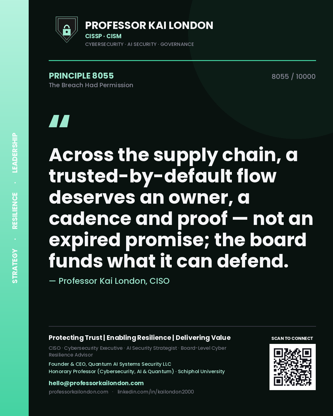 Professor Kai London principle 8055: Across the supply chain, a trusted-by-default flow deserves an owner, a cadence and proof — not an expired promise; the board funds what it can defend.