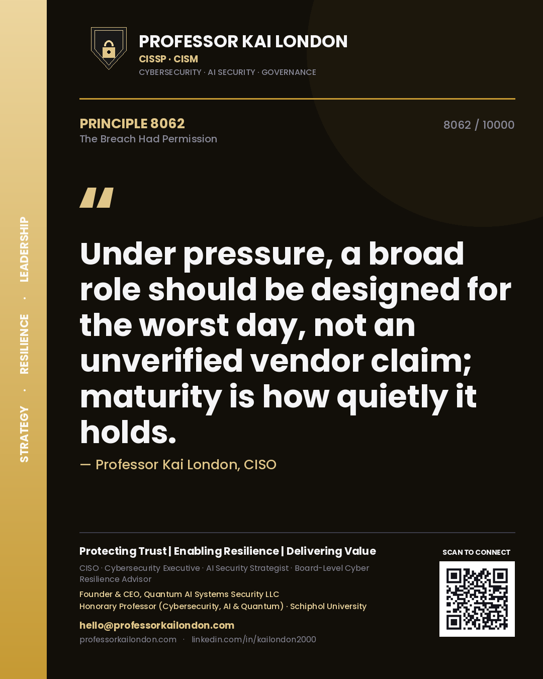 Professor Kai London principle 8062: Under pressure, a broad role should be designed for the worst day, not an unverified vendor claim; maturity is how quietly it holds.