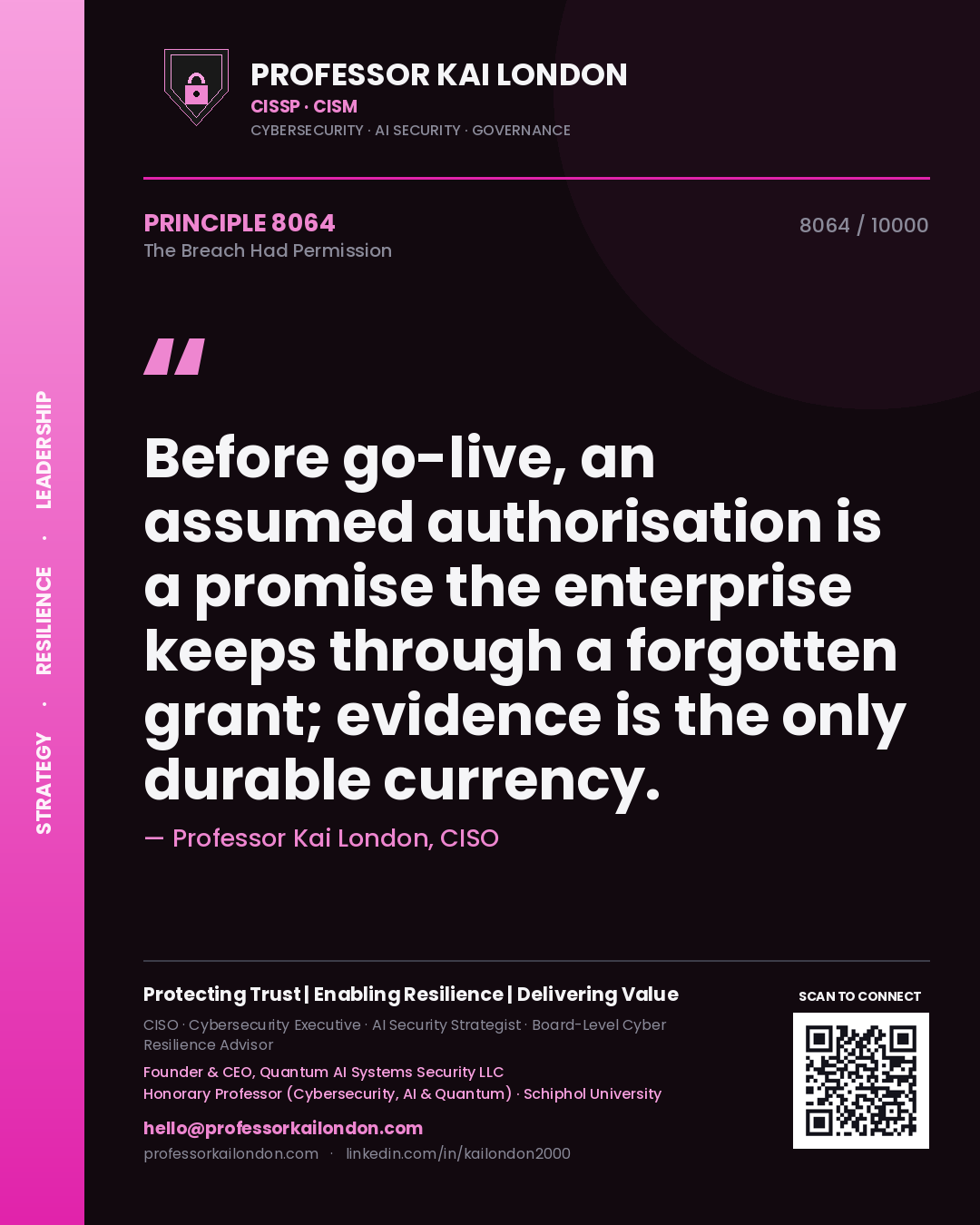 Professor Kai London principle 8064: Before go-live, an assumed authorisation is a promise the enterprise keeps through a forgotten grant; evidence is the only durable currency.