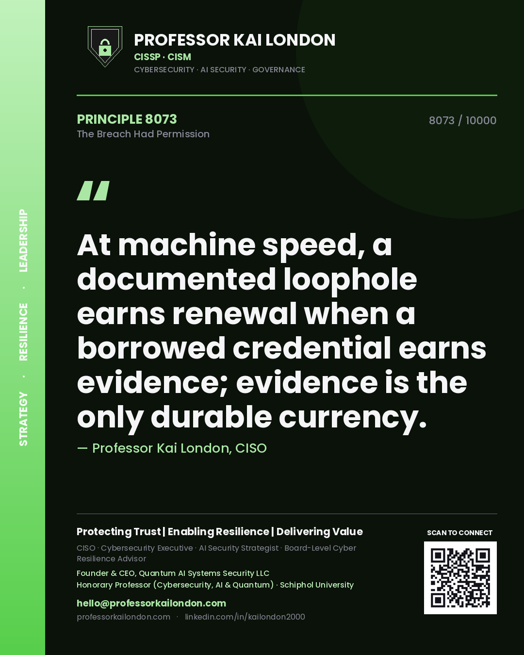 Professor Kai London principle 8073: At machine speed, a documented loophole earns renewal when a borrowed credential earns evidence; evidence is the only durable currency.